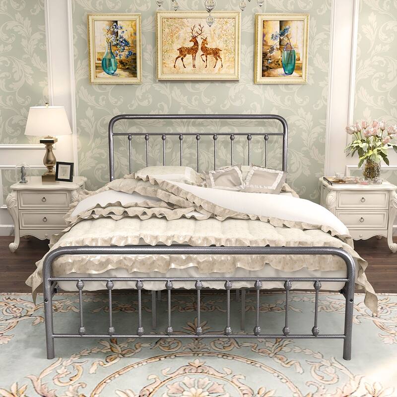 Metal Platform Bed Frame featuring a Headboard, Sturdy Slat Support, No Box Spring Required, and Easy to Assemble‌. - Black and Silver - Queen