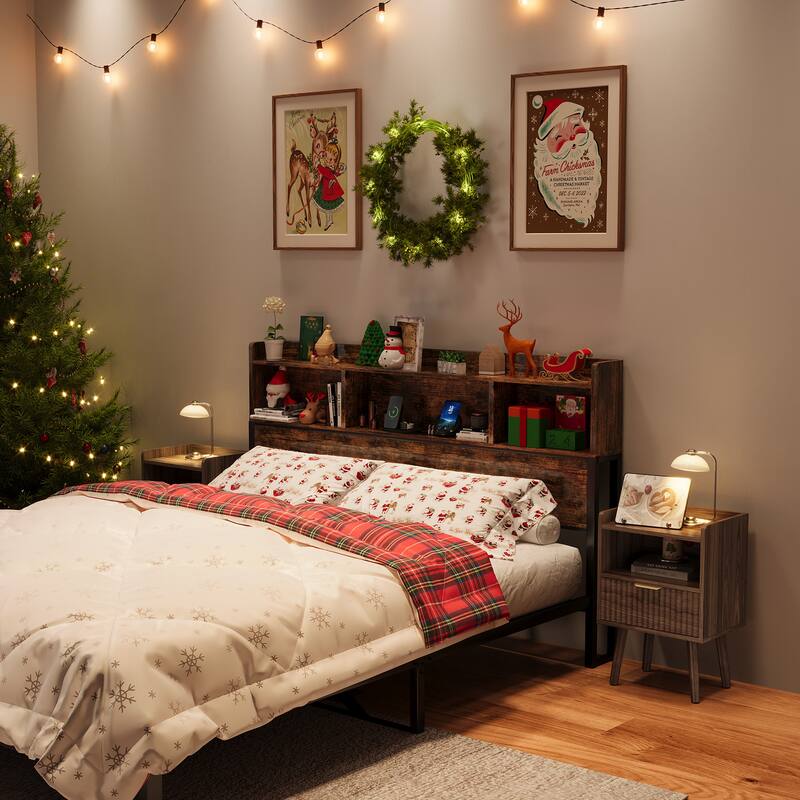 Modern Fluted Nightstand Set of 2 with USB Charging Station, Drawer and Open Storage Shelf