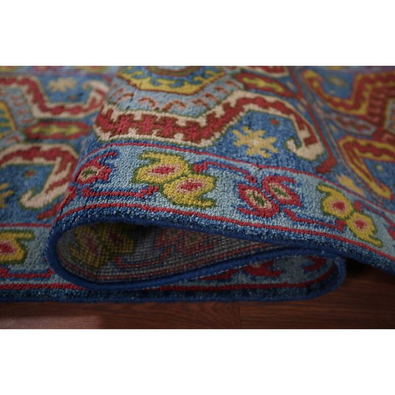 Geometric Blue Kazak Oriental Runner Rug Handmade Wool Carpet - 2'5"x 9'10"