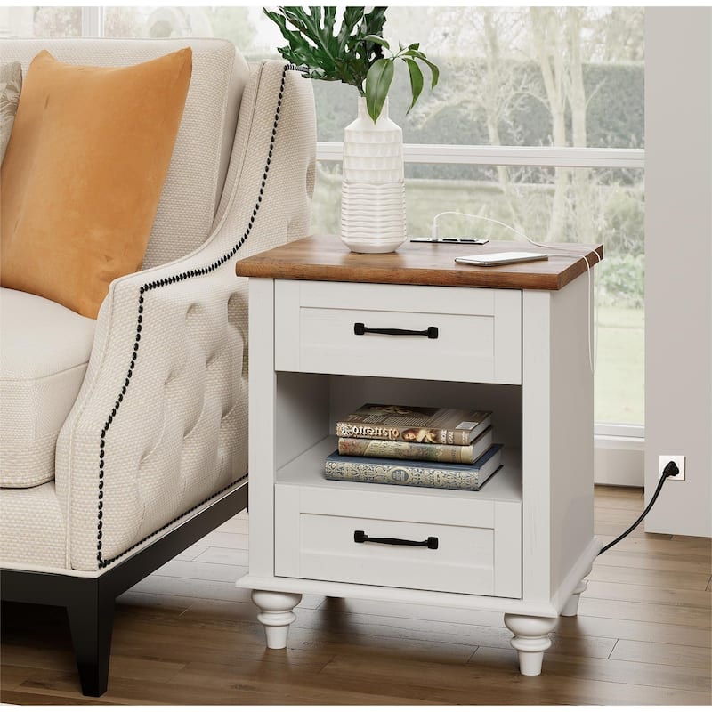 Mid Century End Table Nightstands with Charging Station & Drawer
