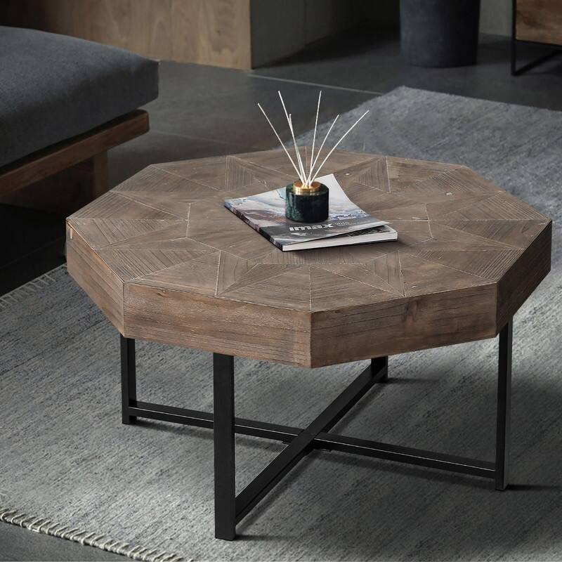 30" Octagonal Wood Coffee Table with Cross Metal Base, Farmhouse Vintage Style