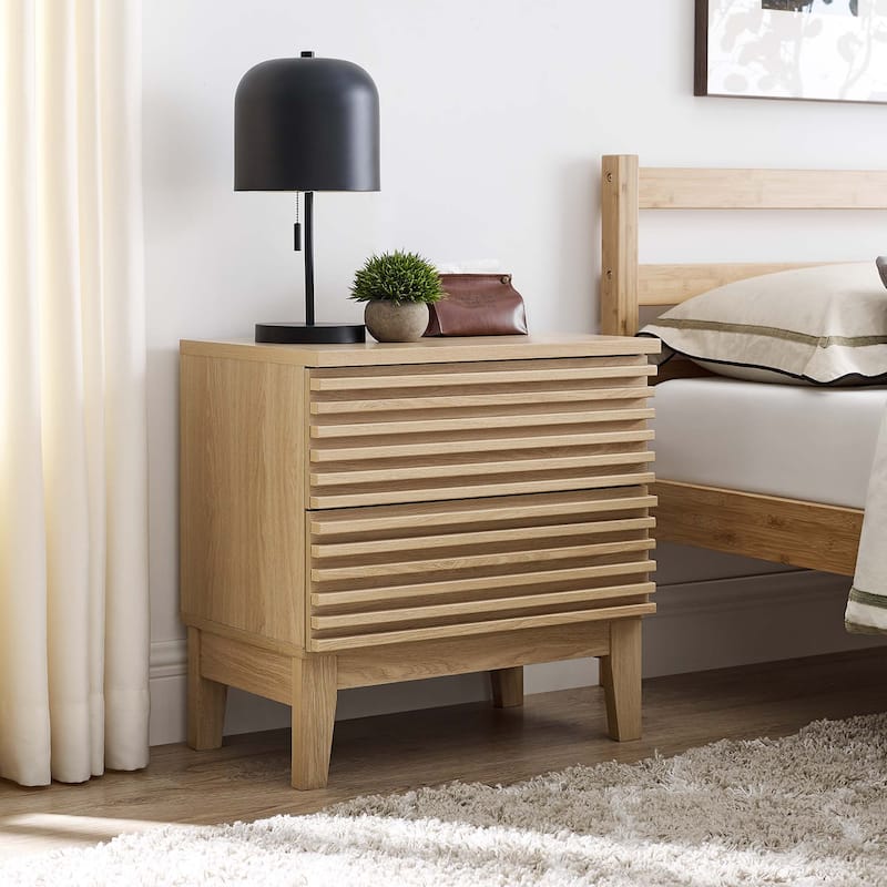 Render Two-Drawer Mid-Century Modern Nightstand - Oak