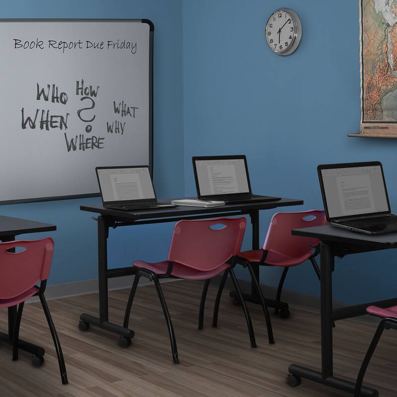 48" x 30" Flip Top Mobile Training Table- Grey and 2 "M" Stack Chairs- Burgundy