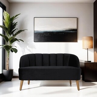 Black Velvet Shell-Back Loveseat with Birch Wood Legs and Channel ...