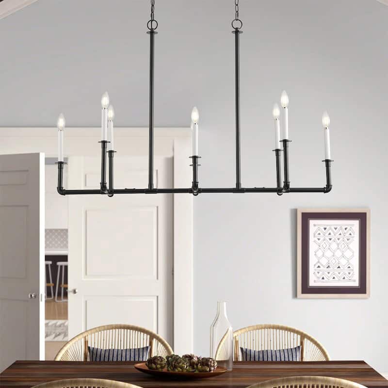 Farmhouse Matte Black 8-Light Linear Frame Candle Chandelier for Kitchen Island