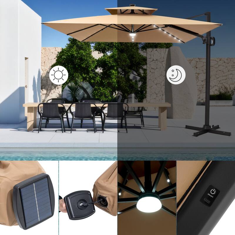 VredHom 9 x 11ft Outdoor Rectangular Dual Top Cantilever Patio Umbrella LED Light with Wheel Base