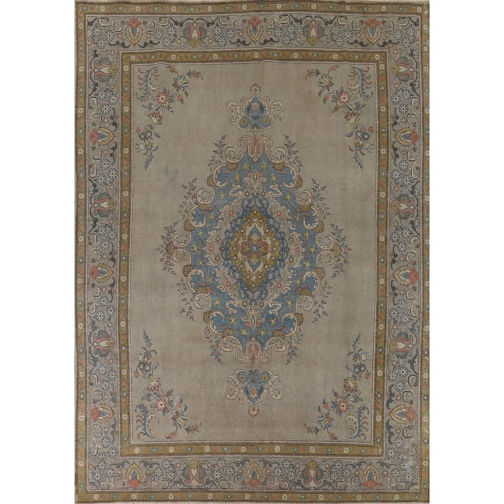 Tabriz Vintage Persian Area Rug Hand-Knotted Floral Beige Wool Carpet - 9'7" x 12'3"