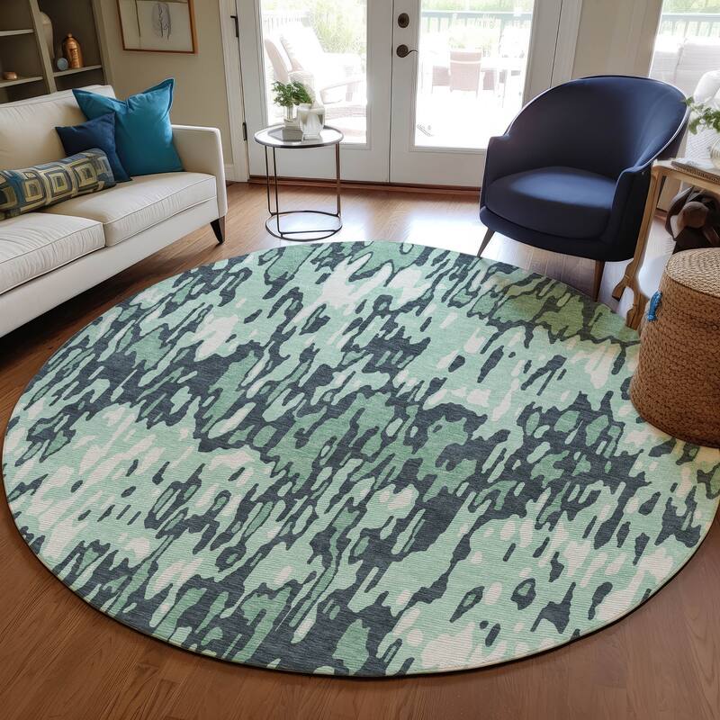 Machine Washable Indoor/ Outdoor Modern Watercolor Chantille Rug - Sage - 8' x 8'