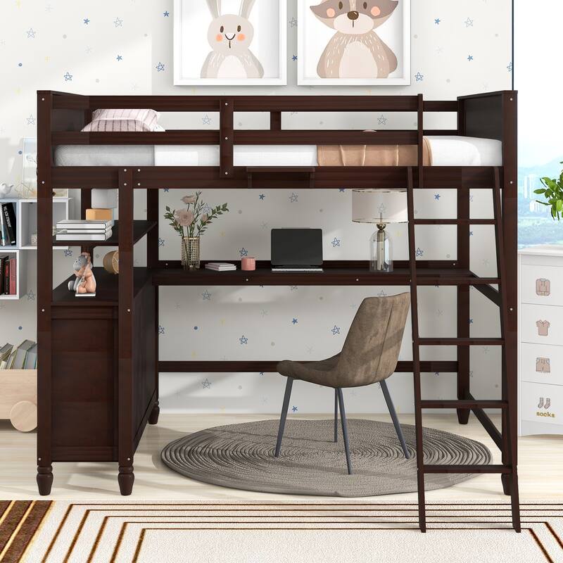 Full Size Loft Bed with Desk, Drawers & Ladder, Wooden Loftbed Frame