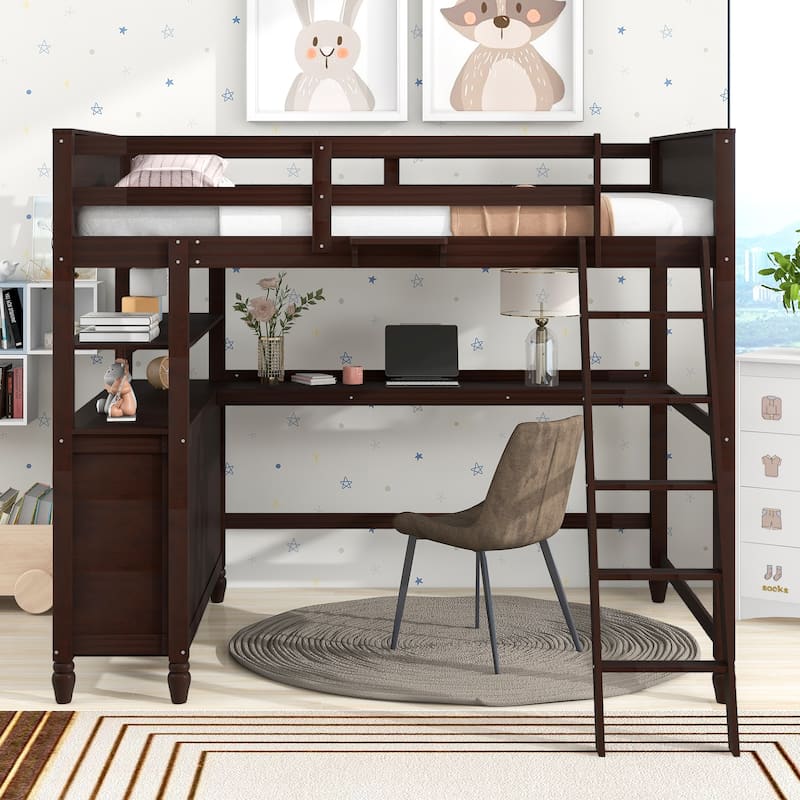 Full Size Loft Bed with Drawers and Desk, Wooden Loft Bed with Shelves - White - Espresso