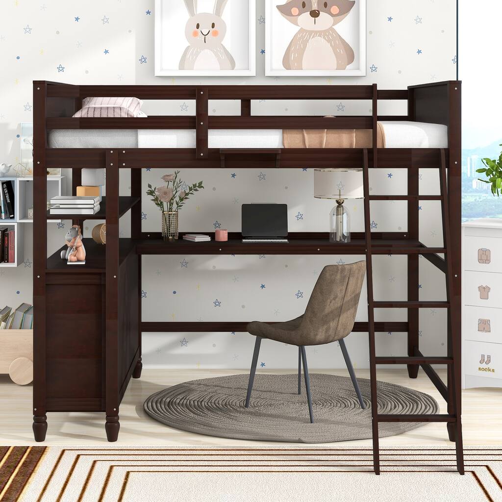 Full size Loft Bed with Drawers and Desk, Wooden Loft Bed with Shelves