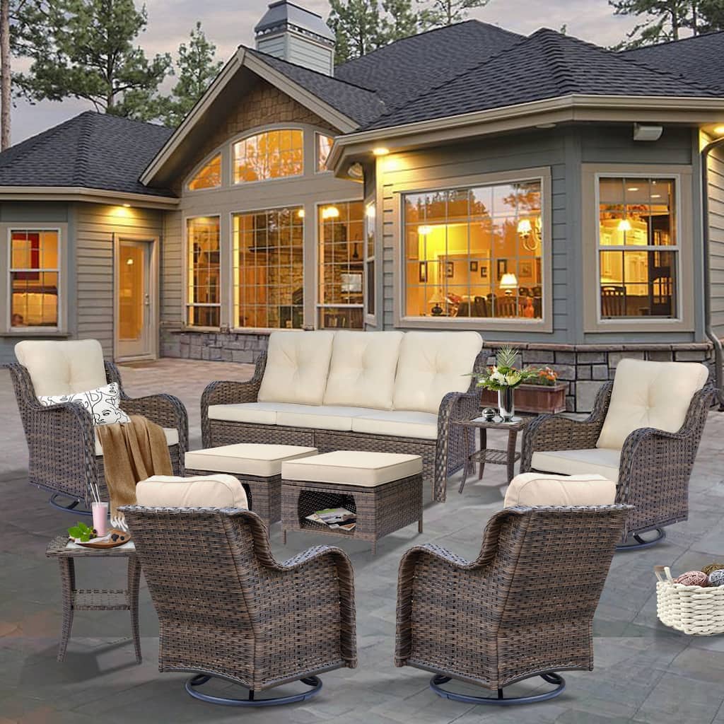 9 Piece Outdoor Patio Furniture Set Wicker Swivel Chair with Ottoman