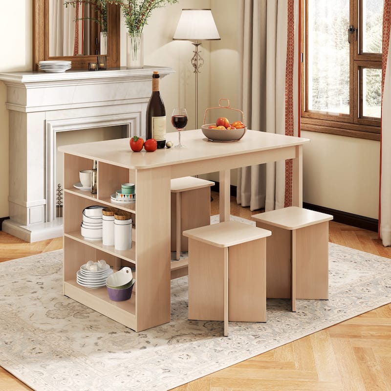 5-Piece Space-Saving Dining Set with 4 Stools and Storage Shelves Ideal for Apartments or Breakfast Nooks - Natural