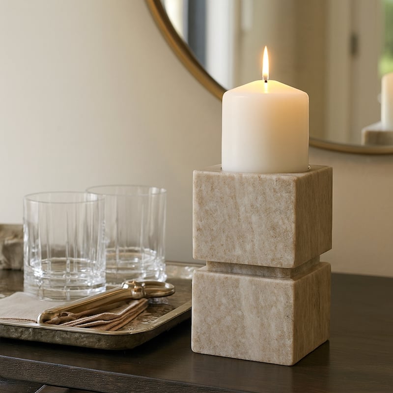 Modern Onyx Marble Stacked Cubes Candle Holder - Ivory & Tan - 6.0"