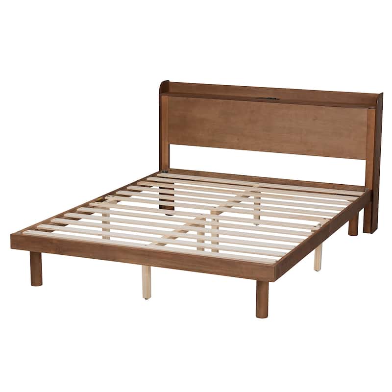 Mid-Century Modern Platform Bed - Walnut Brown Wood Bed Frame with Charging Station