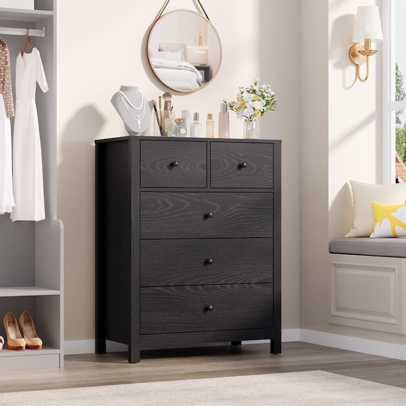 5 Drawer Dresser for Bedroom, Tall Black Chest with Deep Drawers and Metal Knobs, Wooden Organizer for Hallway - Black