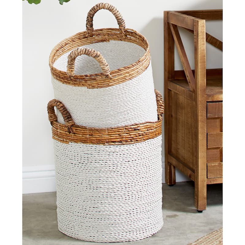Seagrass Handmade Two Toned Storage Basket with Handles - Set of 3 White - Roche River Decor - 16"W x 16"L x 16"H
