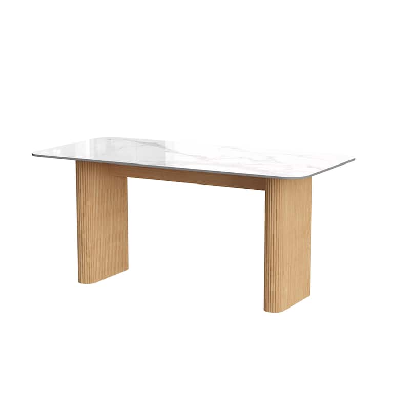 Marble Top Dining Table with Pedestal Grain Wood Base