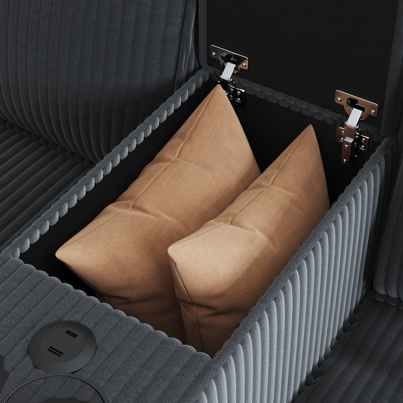 133" L-Shaped 6-Seater Corduroy Sectional - Storage Armrests with USB Charging & Reversible Design
