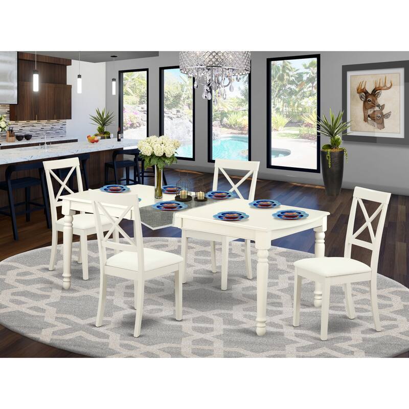 East West Furniture 5 Piece Dinette Set- a Dining Table with Butterfly Leaf and 4 Faux Leather Dining Room Chairs, Linen White - DOBO5-LWH-LC