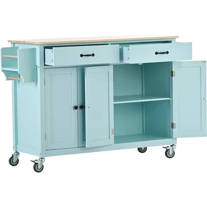 Kitchen Island Cart with Solid Wood Top and Locking Wheels, 4 Door Closed Kitchen Cabinet with Drawers and Storage Rack, Green