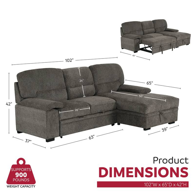 Jordan 93 in. Upholstered Right Facing L-Shaped Sleeper Sectional with Storage