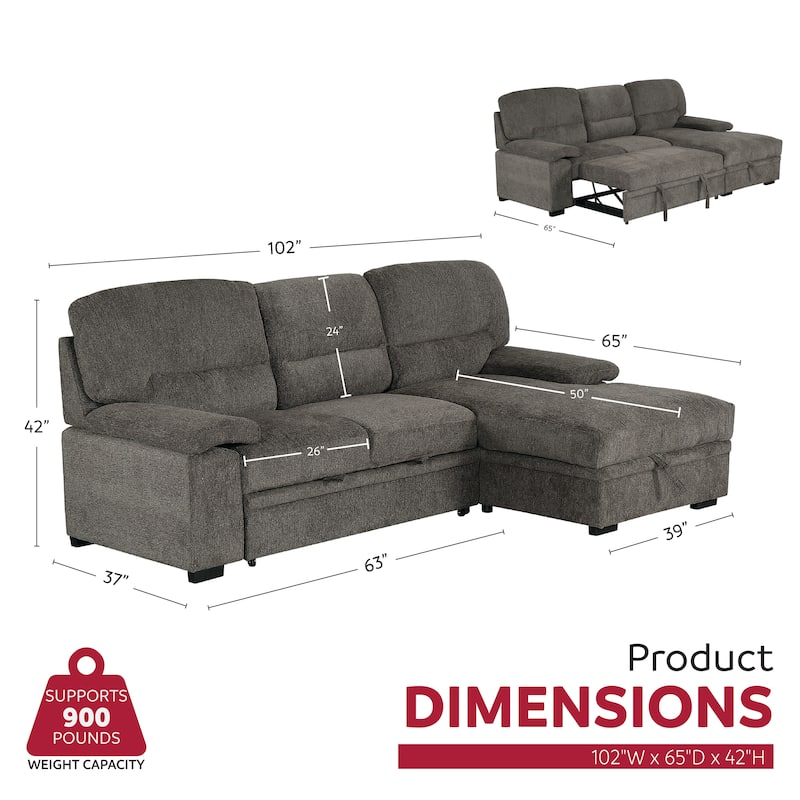 Jordan 93 in. Upholstered Right Facing L-Shaped Sleeper Sectional with Storage
