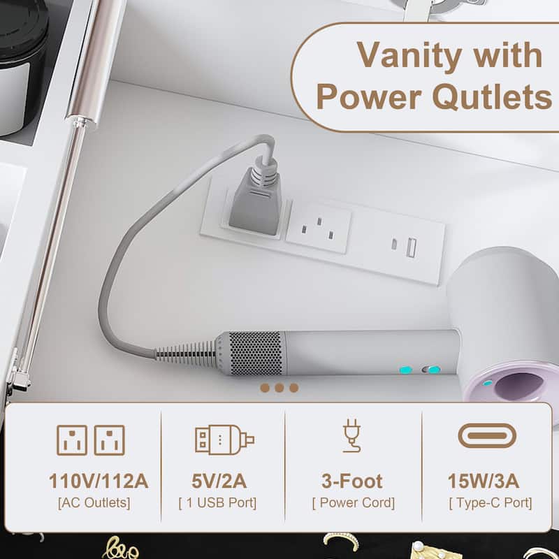 Flip Top Vanity Desk with Built-in LED Mirror, Outlet, 2 Drawers & Jewelry Hooks