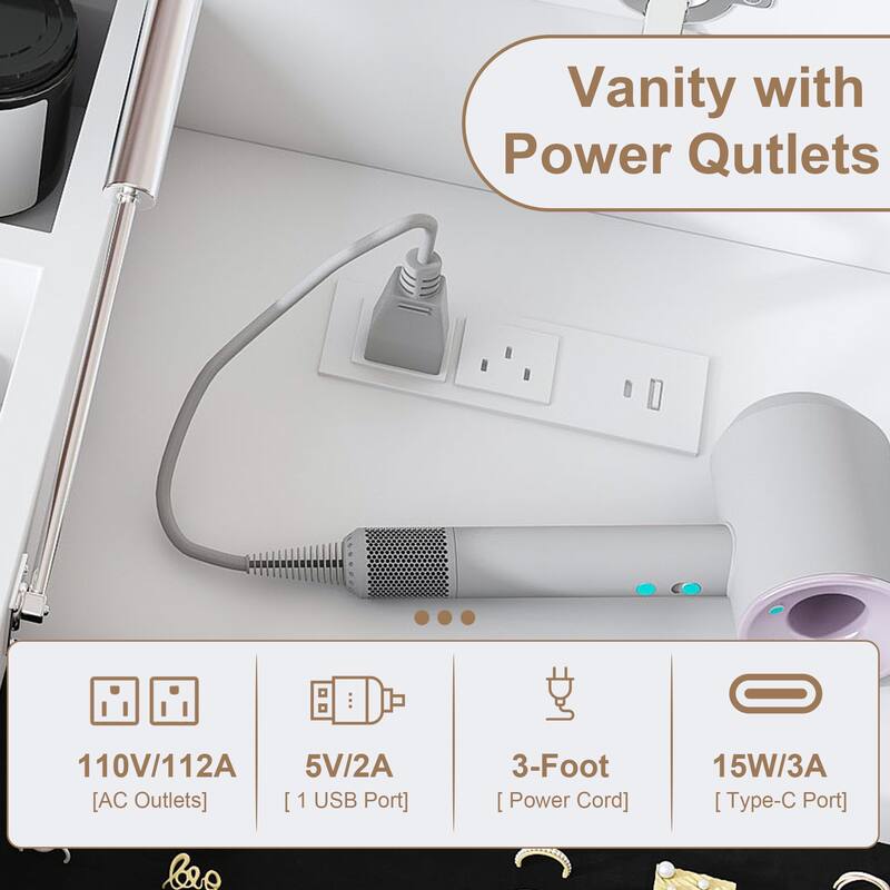 White Makeup Table Vanity Desk with Flip-down LED Mirror & Power Outlet