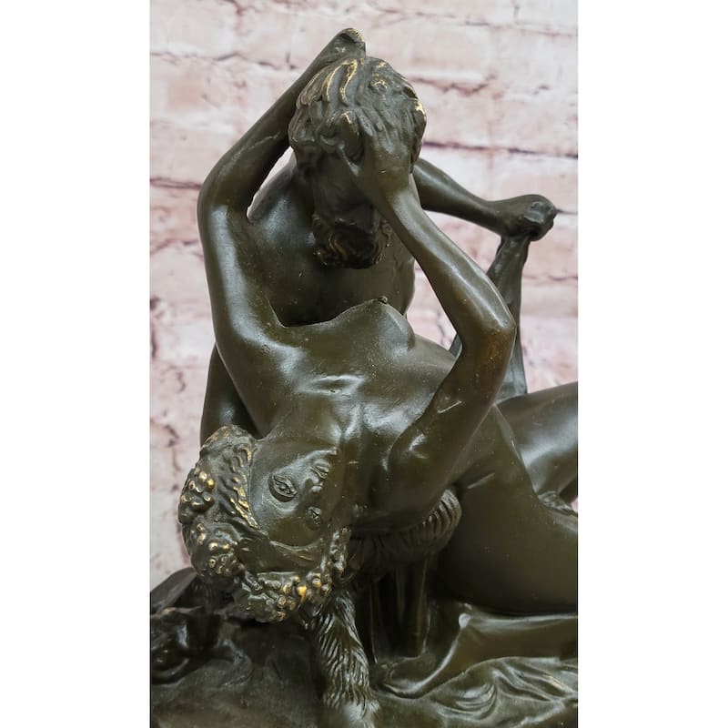 Bronze Satyr And Nymph Bacchante Romantic Sculpture On Marble Base