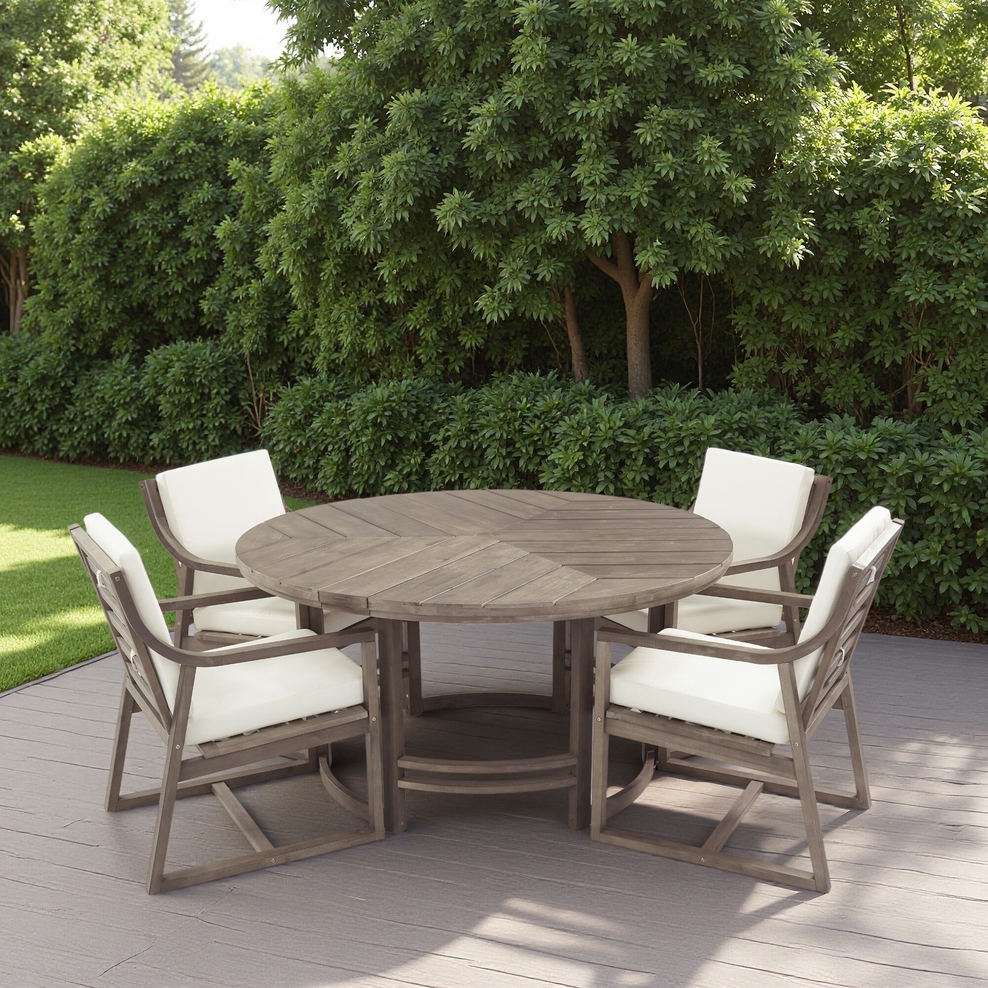 5-Piece Outdoor Acacia Wood Dining Set with Round Table, Umbrella Hole and 4 Chairs with Waterproof Cushions