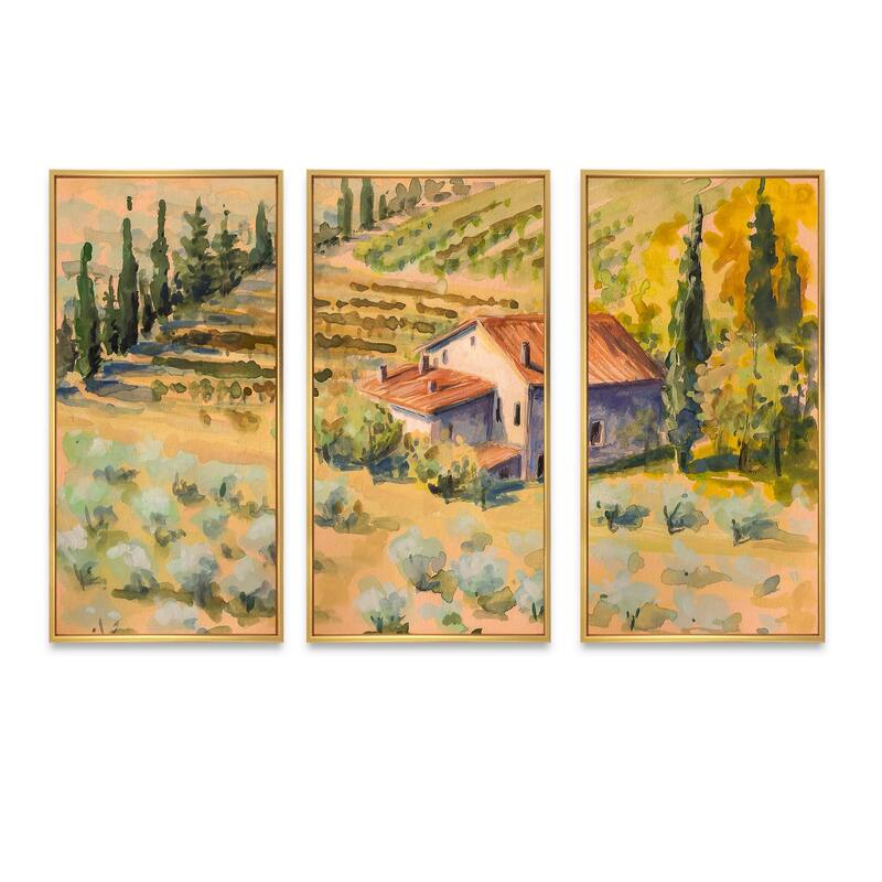 Designart "Little Farm In Countryside" Country Framed Art Set of 3 4