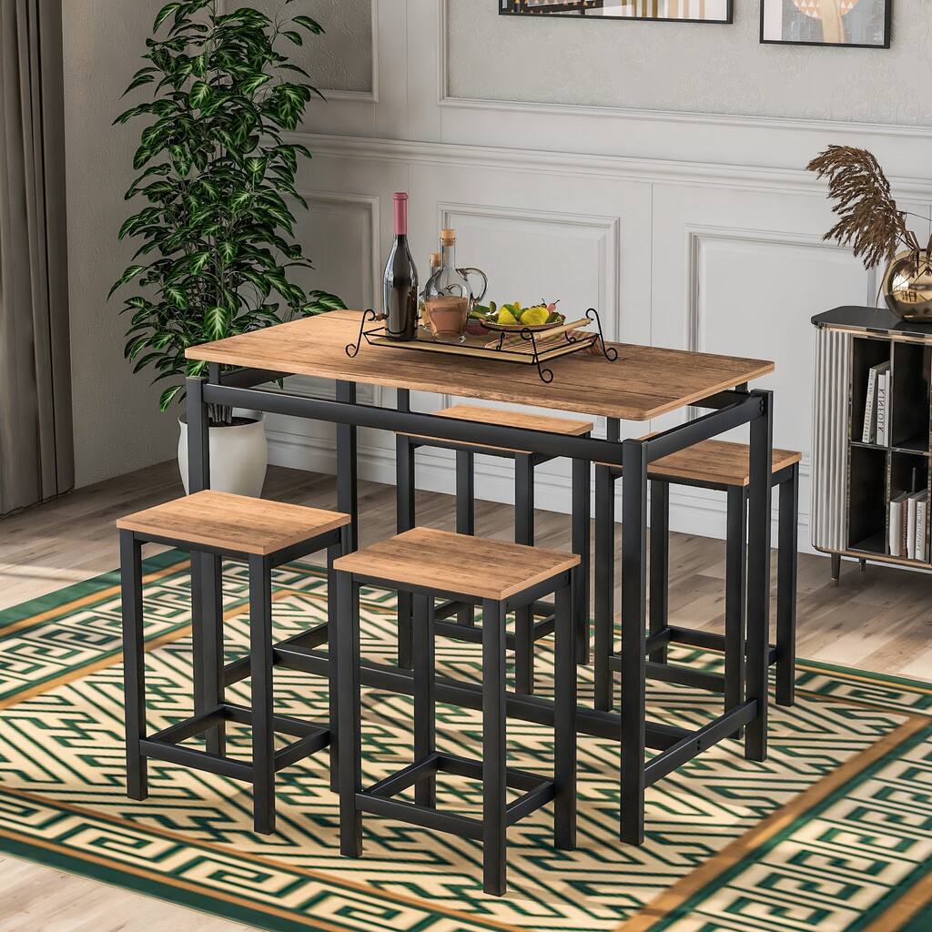 5-Piece Metal Frame&Wood Top Counter Height Dining Set, Compact Home Bistro Set with 1 Table&4 Chairs for Apartment