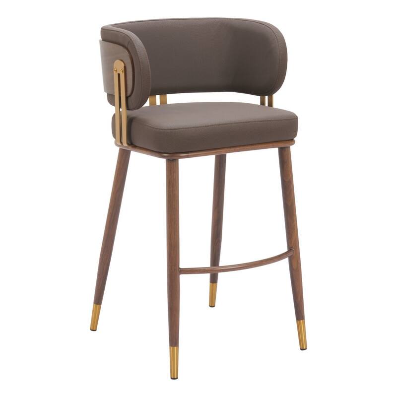 HomeRoots 30" Brown Gold and Walnut Steel and Faux Leather Low Back Bar Height Bar Chair