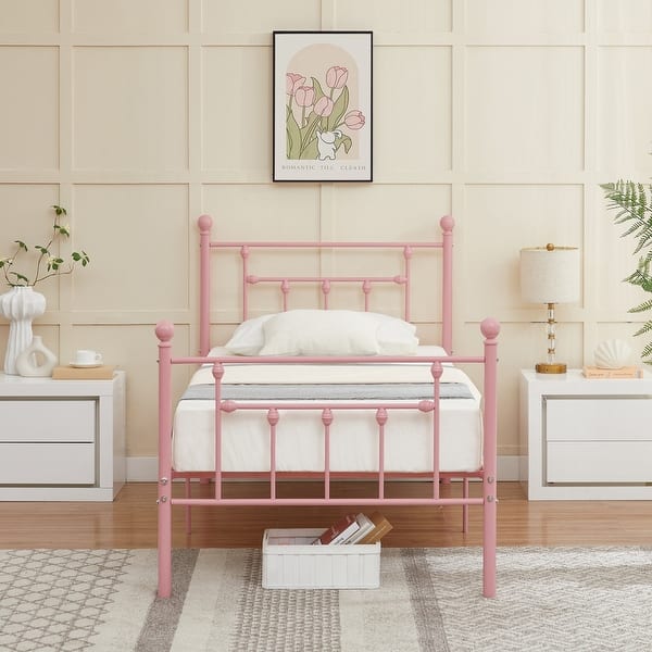 slide 2 of 7, VECELO Metal Platform Bed Frame with Headboard and Footboard, Heavy Duty Slat Support/Underbed Storage Space, Victorian Style Pink - Twin