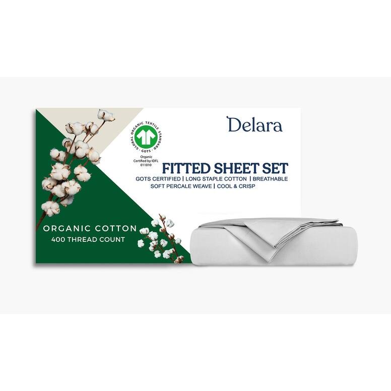 Delara GOTS Certified 100% Organic Percale Fitted Sheet Set, 400TC Long Staple Cotton, Moisture-Wicking, Smooth & Breathable - Queen (60"X80") - Light Grey