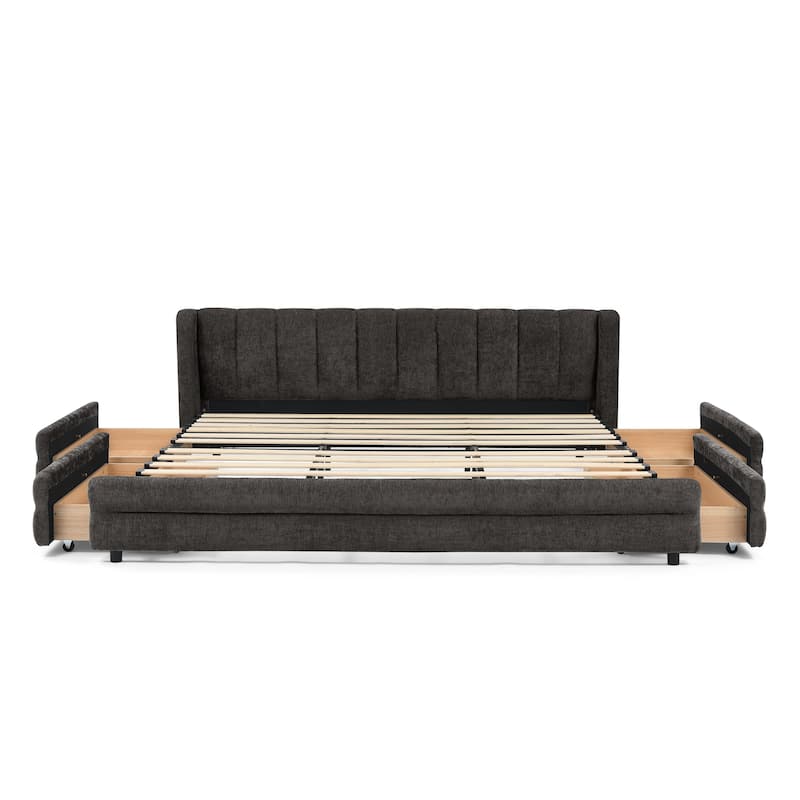 Roomfitters King Size Upholstered Bed Frame with 4 Storage Drawers and Channel Tufted Wingback Platform Bed Base