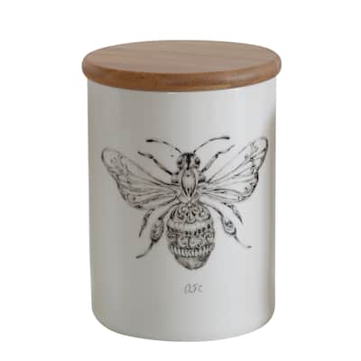 White Stoneware Jar with Bee Image & Bamboo Lid