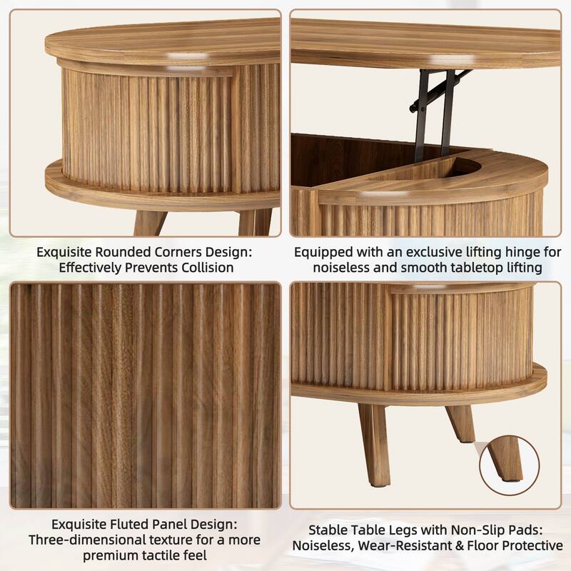 Fluted Lift Top Coffee Table with Hidden Compartment, Wooden Center Table, Modern Oval Lift Tabletop for Home Living Room