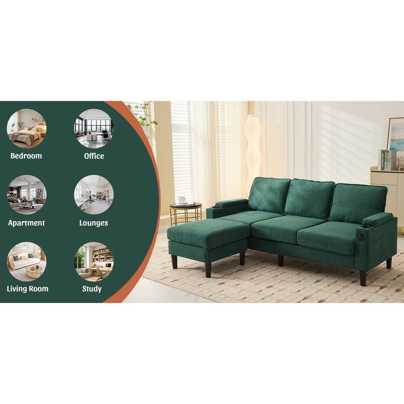 Compact 3-Seat Sofa with Storage Ottoman, L-Shaped Couch with Stool