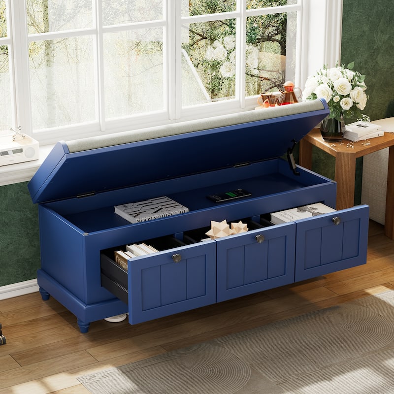 Classic Storage Bench with Cushioned Seat and Three Drawers for Entryway and Living Room