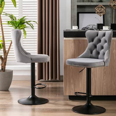 Adjustable Swivel Velvet Barstools with Backrest - Comfortable Tufted Seating, Height Range 25-33 Inch