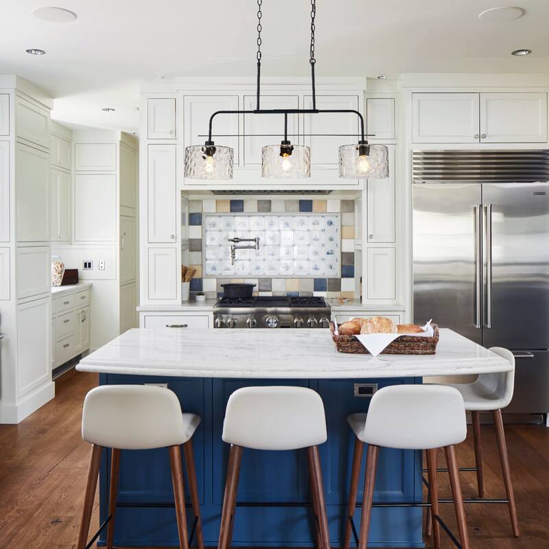 Modern 3-Light Black Pendant Light with Water Ripple Glass Shades for Dining and Living Room