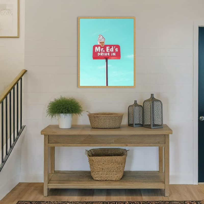 Mr. Eds Drive In Vintage Sign by Tom Windeknecht Framed Canvas Wall Art Print - Sylvie Bright Gold