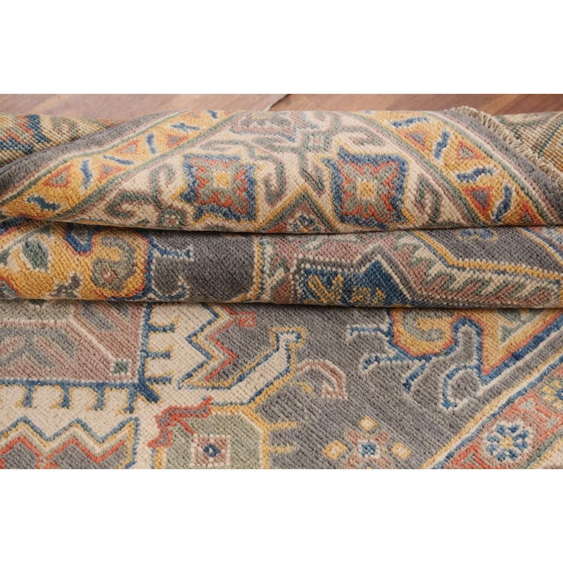Gray Geometric Kazak Area Rug Handmade Wool Carpet - 4'0"x 5'11"