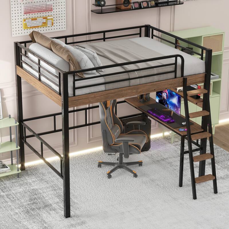 Metal High Loft Bed Frame with Built In Desk and Storage Shelf