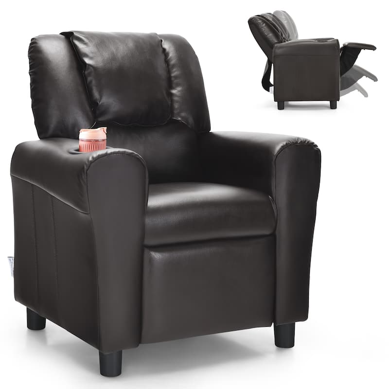 Costway Kids Recliner Chair PU Leather Armrest Sofa w/Footrest Cup - Brown