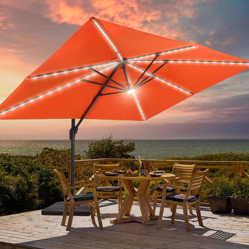 BONOSUKI 11.5x9FT LED Cantilever Patio Umbrella 360 Rotation w/Base - Red