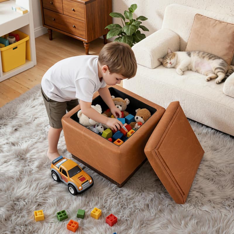 Swivel Storage Ottoman Bench Footstool with Flip-top and Acacia Frame
