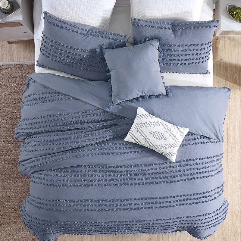 Marilla 100% Cotton Clipped Dots Stripes Jacquard 5-Piece Bedding Comforter Set - Faded Denim - Queen